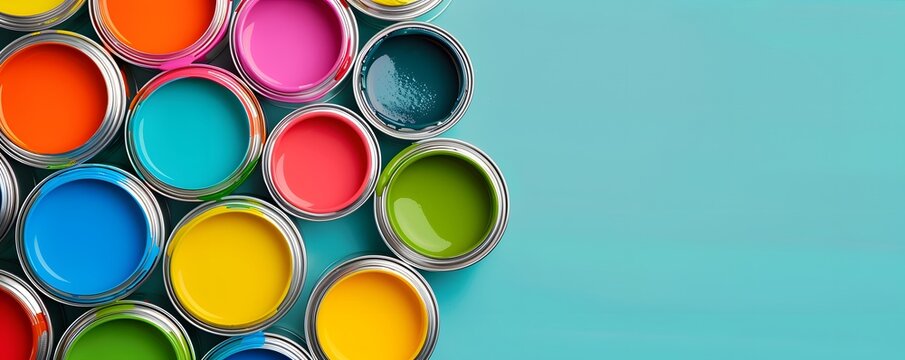Colorful Paint Cans Arranged on a Blue Background