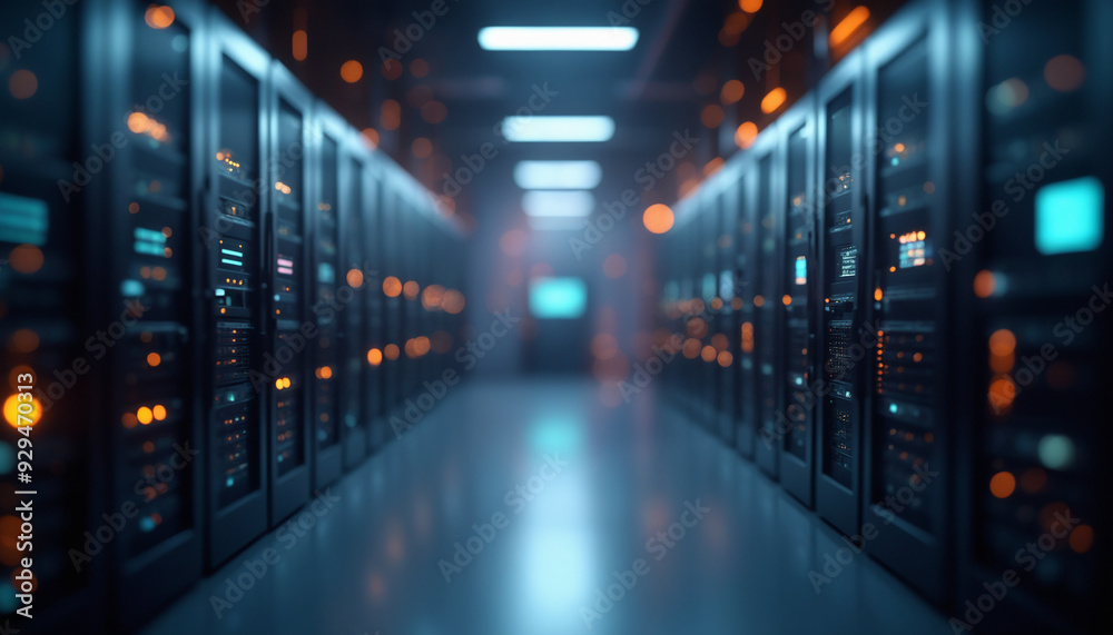 Poster server room with rows of servers illuminated by lights at the top. background is slightly blurred, a