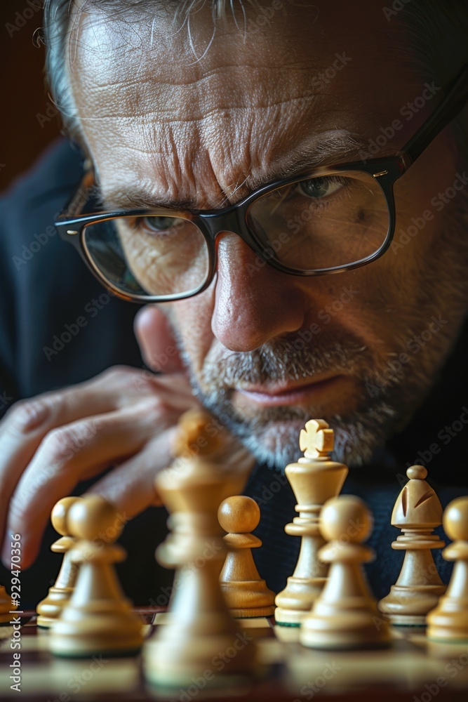 Poster A person playing a game of chess, concentrating on the board