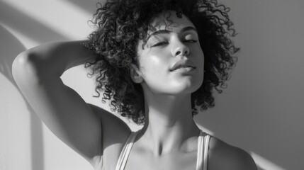 Naklejka premium Black and white portrait of a woman with curly hair, simple yet elegant