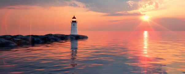Fototapeta premium A lone lighthouse standing on a rocky outcrop during a fiery sunset over the sea.