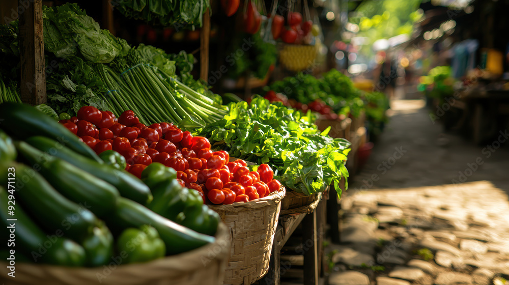 Canvas Prints A market with a variety of vegetables including tomatoes, green beans