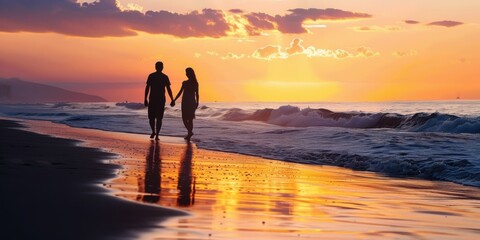 A couple holding hands while walking along a serene beach at sunset