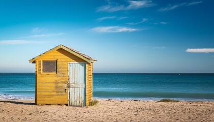 Obraz premium A vibrant yellow beach hut stands on sandy shores, overlooking a calm blue sea under a clear sky, perfect for summer getaways.