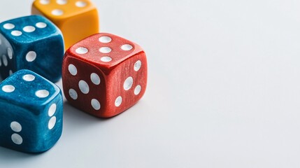 A collection of colorful dice arranged on a light surface, ideal for games and recreational activities.