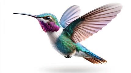 Fototapeta premium A colorful hummingbird with a purple, blue and green tail, AI