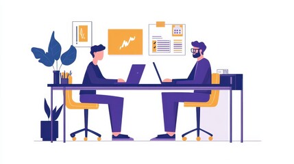 A senior employee mentors a young coworker at their desks, sharing insights on a laptop