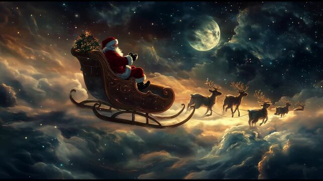 Santa Claus rides on a sleigh in a sleigh with reindeers and waves his hand, New Year's festive atmosphere