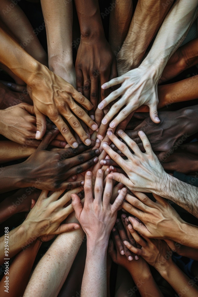 Fototapete a group of people showing unity and agreement by placing their hands together, ideal for representin