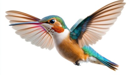 A colorful hummingbird with wings spread wide in the air, AI