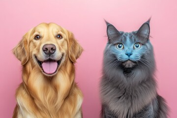 Obraz premium Happy panting Golden retriever dog and blue Maine Coon cat looking at camera, Isolated on color , ai