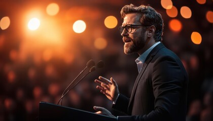 Public speaking events, vibrant oratory, dynamic delivery, influential talks