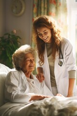 Obraz premium Nurturing assistance - nurse tends to retired senior citizen, essential healthcare, emotional support, practical aid, fostering a dignified, comfortable living environment for the elderly.