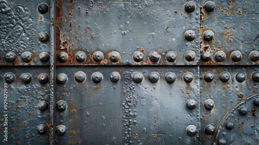 Aufkleber close-up shot of a metal surface with visible rivets, suitable for use in industrial or technical co