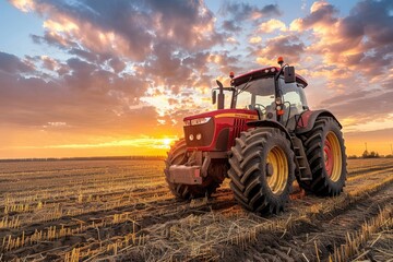 Fototapeta premium A tractor parked in a field at sunset, perfect for rural or agricultural settings