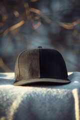 A black hat sitting on top of a blanket