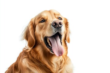 Fototapeta premium Happy sitting and panting Golden retriever dog looking at camera, Isolated on white , ai