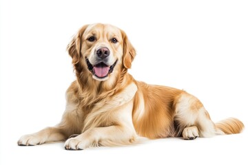 Fototapeta premium Happy sitting and panting Golden retriever dog looking at camera, Isolated on white , ai