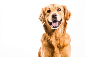Obraz premium Happy sitting and panting Golden retriever dog looking at camera, Isolated on white , ai