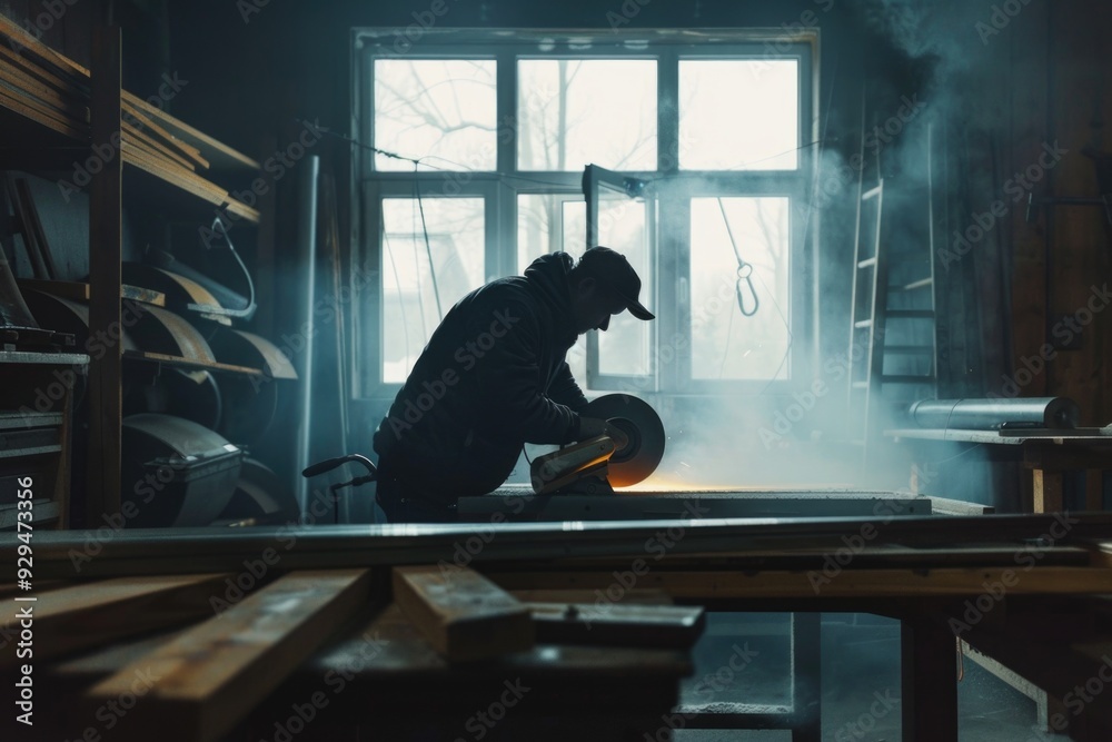 Poster A person works on a wooden object in a well-lit workshop setting