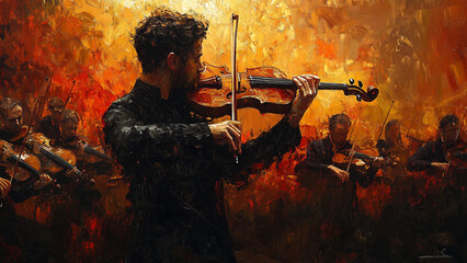 Fototapeta premium Medieval Violinist: Textured Oil Painting