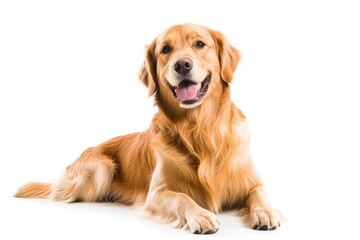 Fototapeta premium Happy sitting and panting Golden retriever dog looking at camera, Isolated on white , ai