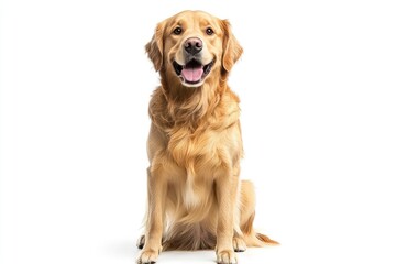 Fototapeta premium Happy sitting and panting Golden retriever dog looking at camera, Isolated on white , ai