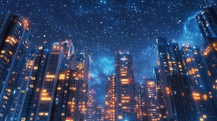 Fototapeta premium A wide-angle view of a downtown area with towering buildings, each floor brightly lit, under a starry night sky