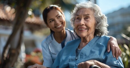 Fototapeta premium Compassionate care: nurse supports and assists retired elderly individual, ensuring comfort, well-being through dedicated medical attention, empathetic interaction, daily assistance routine tasks