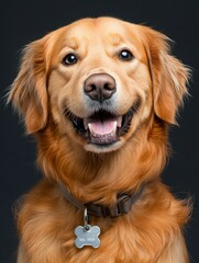 Obraz premium Head shot of a Happy panting Golden retriever dog looking at camera, wearing a collar and identification tag, remastered, ai