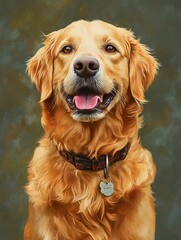 Fototapeta premium Head shot of a Happy panting Golden retriever dog looking at camera, wearing a collar and identification tag, remastered, ai