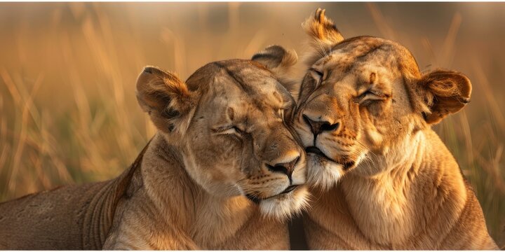A pair of lionesses grooming each other with affectionate expressions
