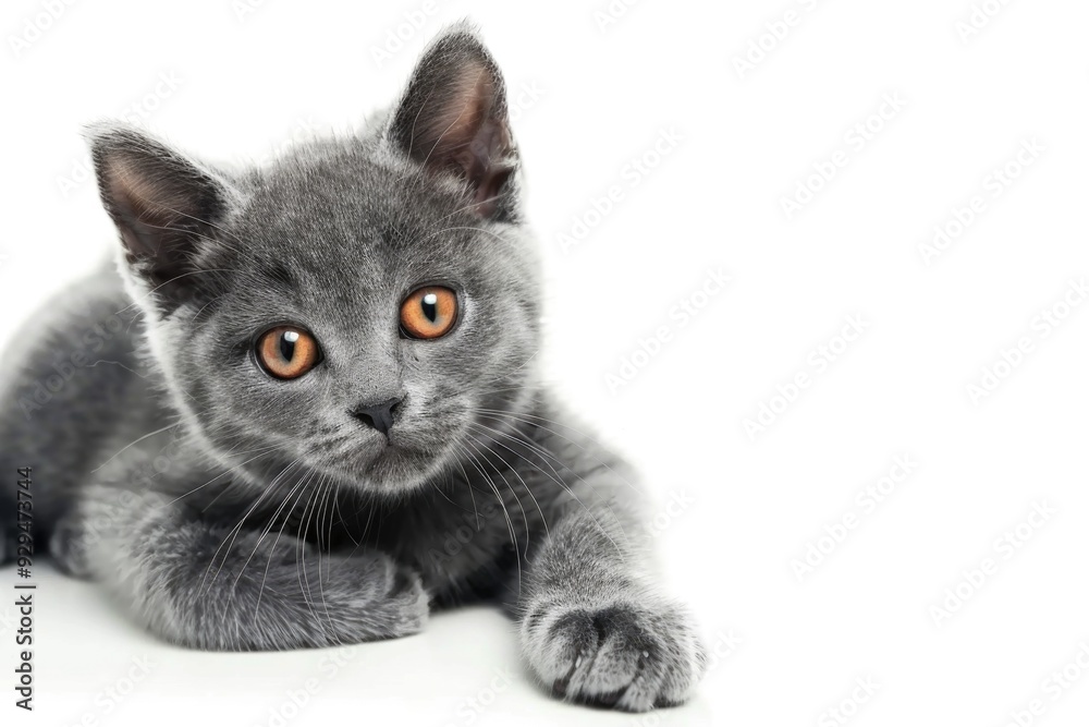 Aufkleber a small gray kitten is lying down on a clean and simple white surface