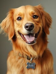 Obraz premium Head shot of a Happy panting Golden retriever dog looking at camera, wearing a collar and identification tag, remastered, ai