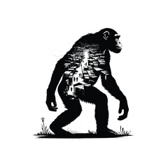 Fototapeta premium silhouette of Chimpanzee, filled with ghetto street in rough drawing,