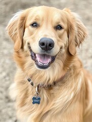 Head shot of a Happy panting Golden retriever dog looking at camera, wearing a collar and identification tag, remastered, ai