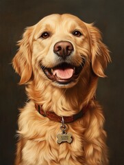 Obraz premium Head shot of a Happy panting Golden retriever dog looking at camera, wearing a collar and identification tag, remastered, ai