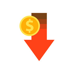 Downward arrow with coin dollar icon. Red decreasing arrow. Financial, loss, recession, business concepts. Flat vector isolated design illustration on background.