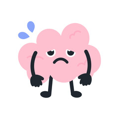 Tired burnout brain cartoon character. Healthcare, mental health, productivity, feeling, idea, knowledge concept. Flat vector design isolated illustration.