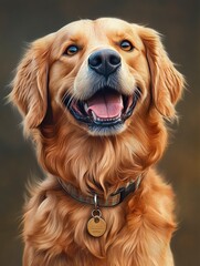 Head shot of a Happy panting Golden retriever dog looking at camera, wearing a collar and identification tag, remastered, ai