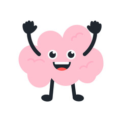 Happy brain cartoon character. Healthcare, mental health, productivity, feeling, idea, knowledge concept. Flat vector design isolated illustration.