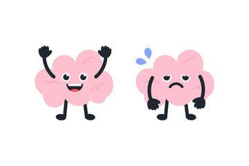 Obraz premium Happy brain and tired burnout brain cartoon character set. Healthcare, mental health, productivity, feeling, idea concept. Flat vector design isolated illustration.