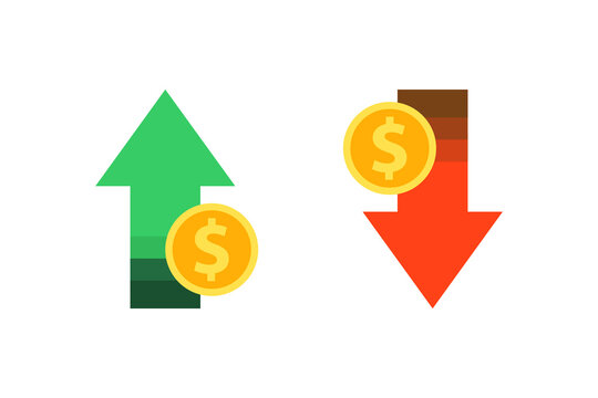 Upward and downward arrow with coin dollar icon set. Green increasing arrow. Red decreasing arrow. Financial, profit, growth, business concepts. Flat vector isolated design illustration on background.