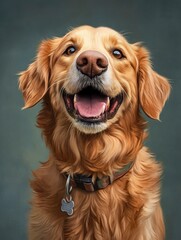 Obraz premium Head shot of a Happy panting Golden retriever dog looking at camera, wearing a collar and identification tag, remastered, ai