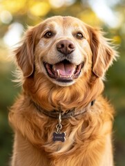 Head shot of a Happy panting Golden retriever dog looking at camera, wearing a collar and identification tag, remastered, ai