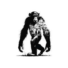 Fototapeta premium silhouette of Chimpanzee, filled with graffiti street wall in rough drawing,