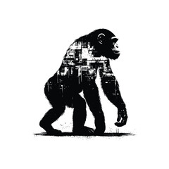 Fototapeta premium silhouette of Chimpanzee, filled with graffiti street wall in rough drawing,