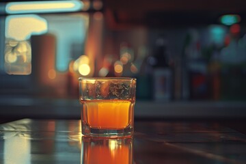 Freshly squeezed orange juice in a glass, placed on a kitchen or dining room counter