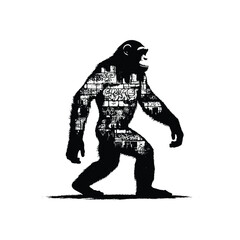 Fototapeta premium silhouette of Chimpanzee, filled with graffiti street wall in rough drawing,