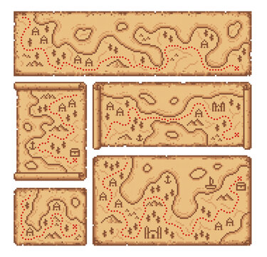 8 bit pixel pirate treasure map on ancient paper manuscript scroll, vector arcade game backgrounds. 8bit pixel art maps with pirate island and path to treasure chest in desert valley and sea